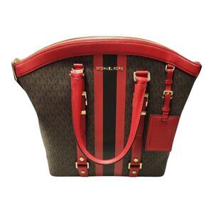 Michael Kors Bedford Travel Large Logo Stripe Dome Tote Bag Red NEW